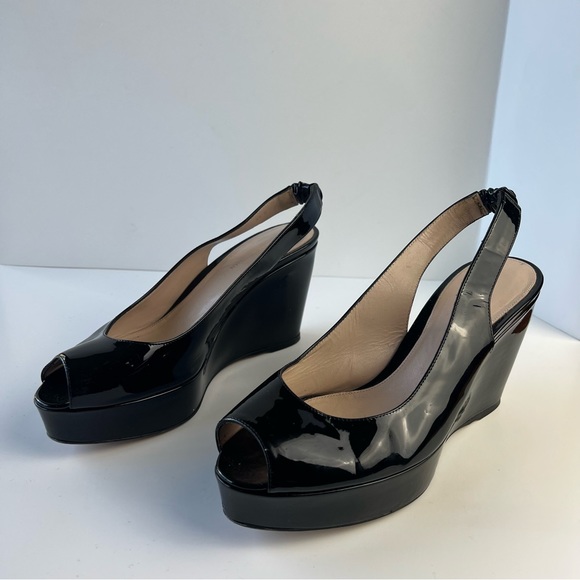 Stuart Weitzman Peep Toe Patent Leather Platform Slingback Wedges - Picture 8 of 12